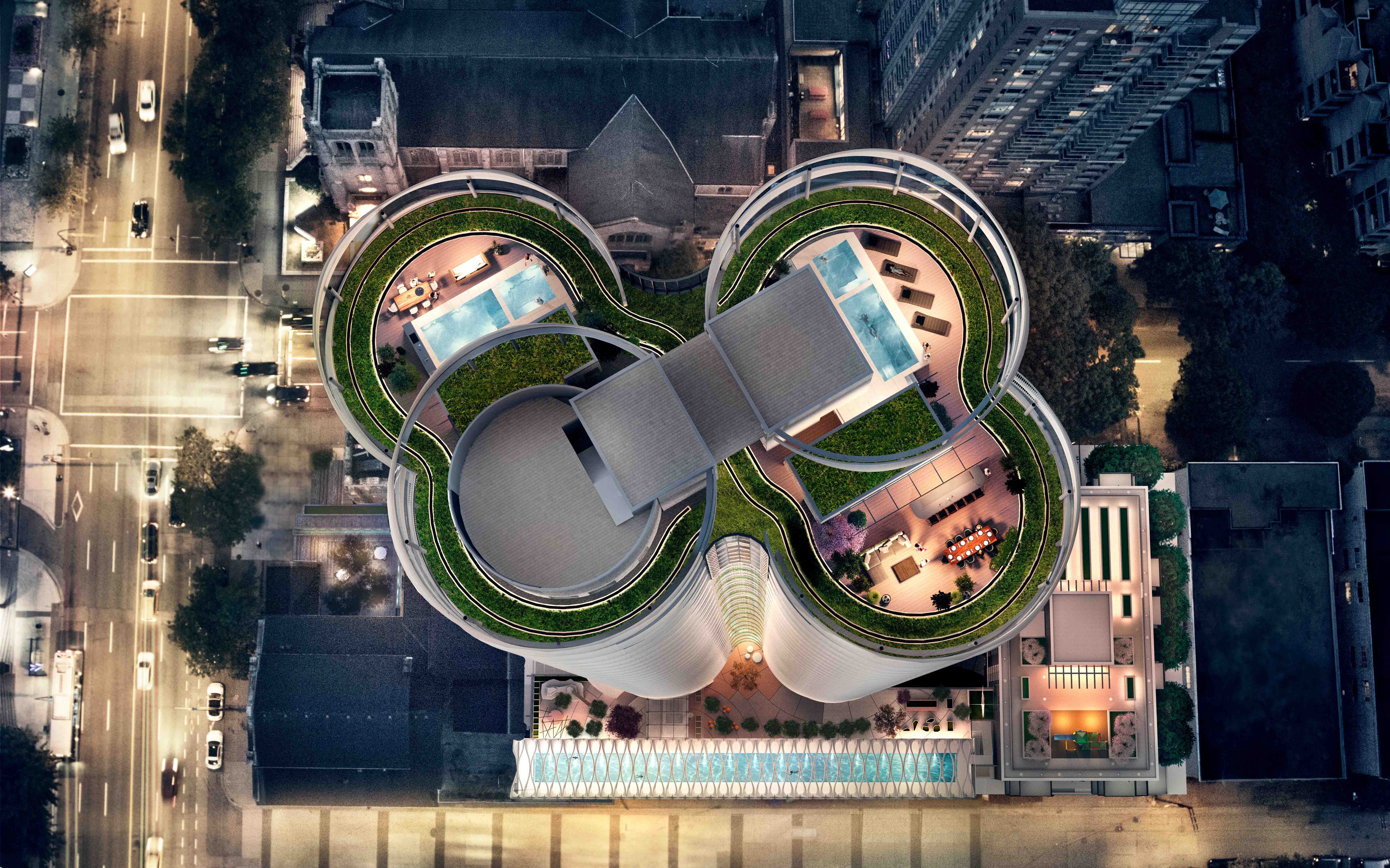 Aerial view of The Butterfly in Vancouver, BC by Revery Architecture