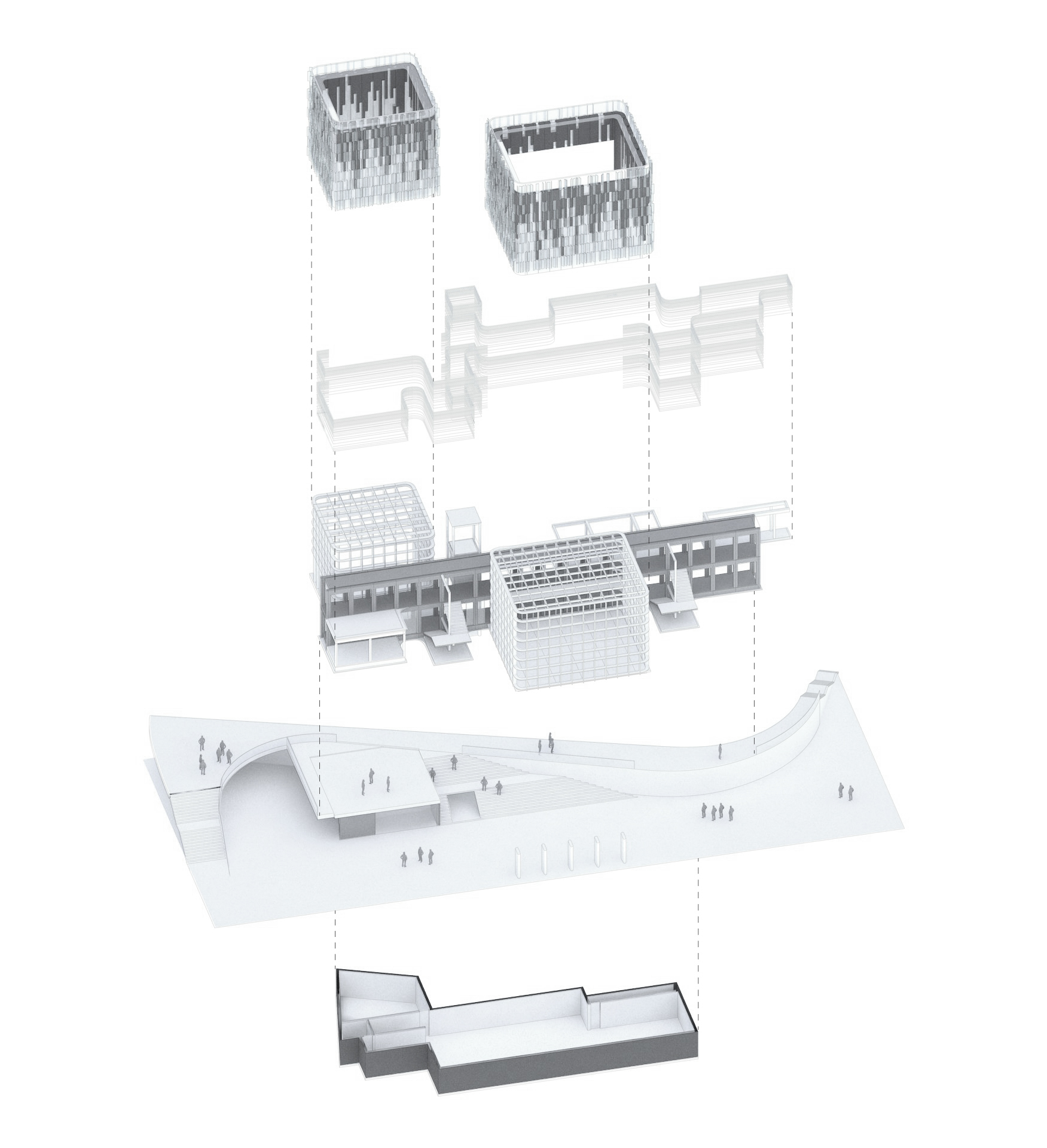 Exploded axonometric of building