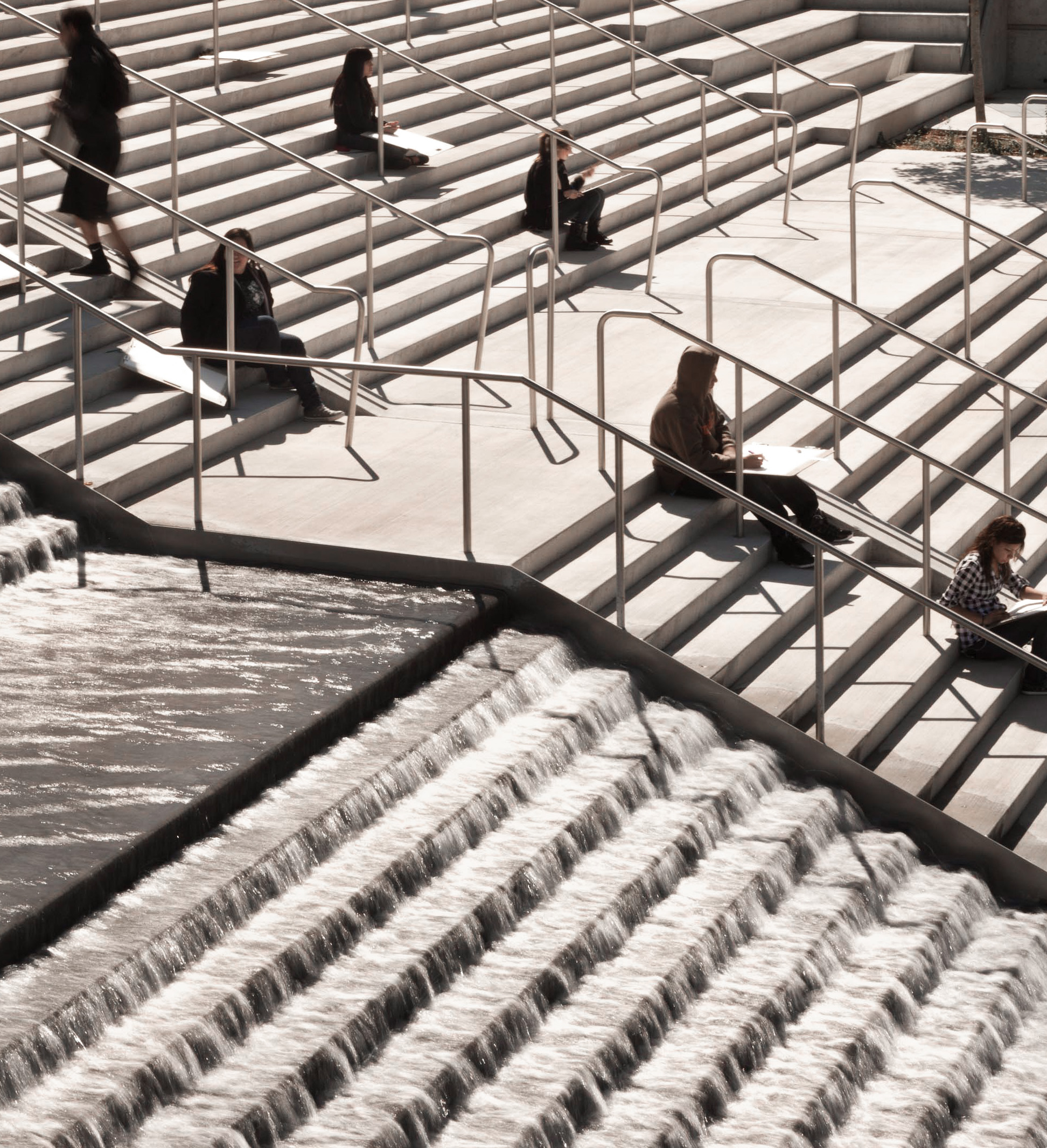 Main plaza stairs and water feature