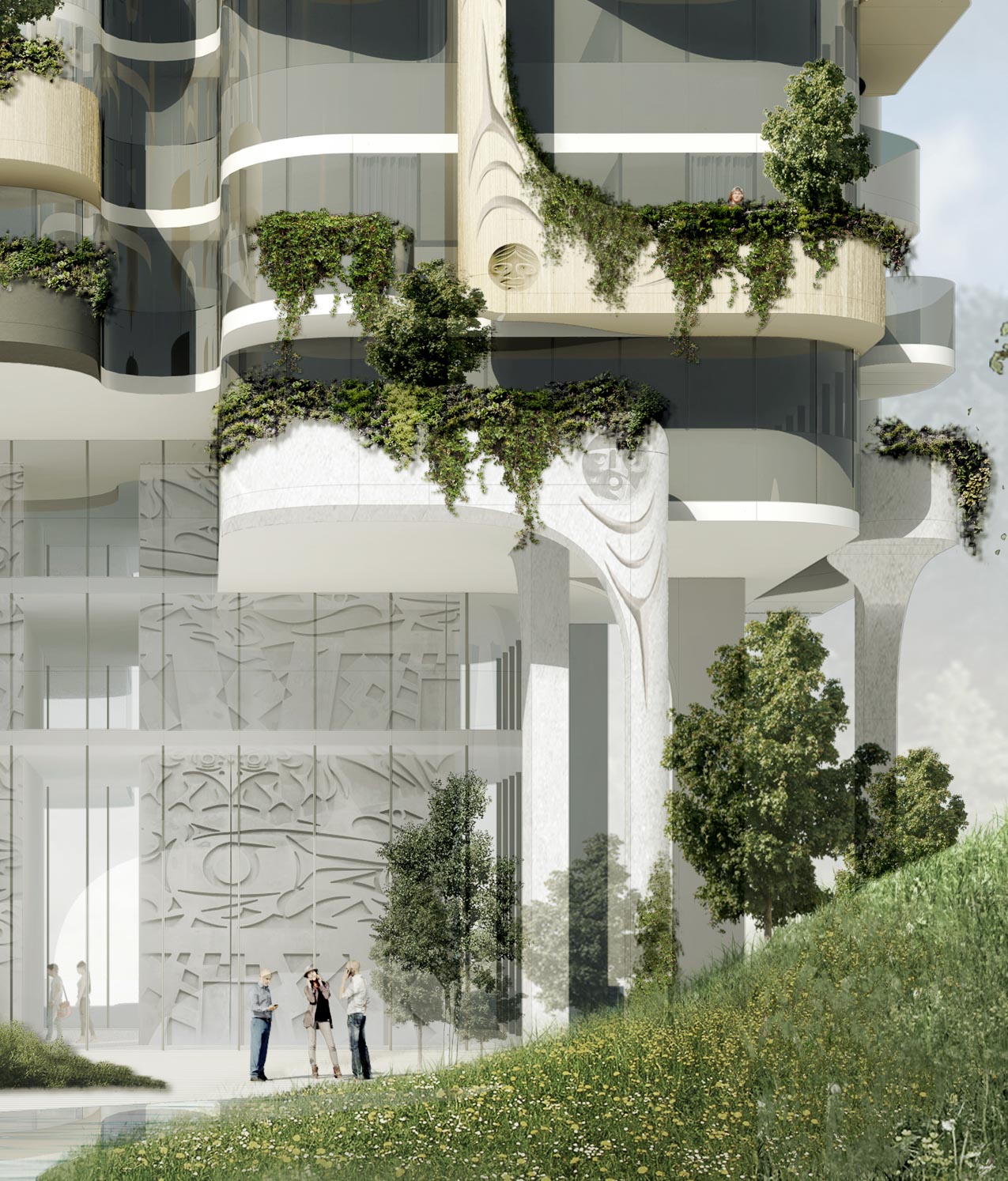 Exterior render of Sen̓áḵw tower