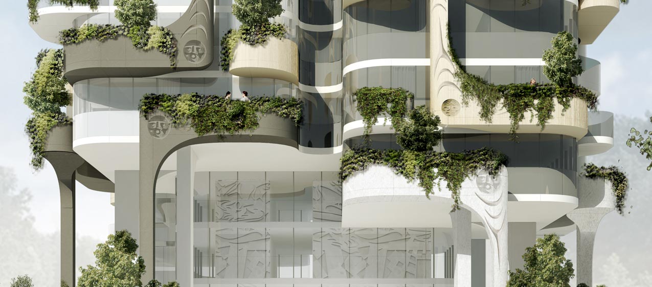 Exterior render of Sen̓áḵw tower