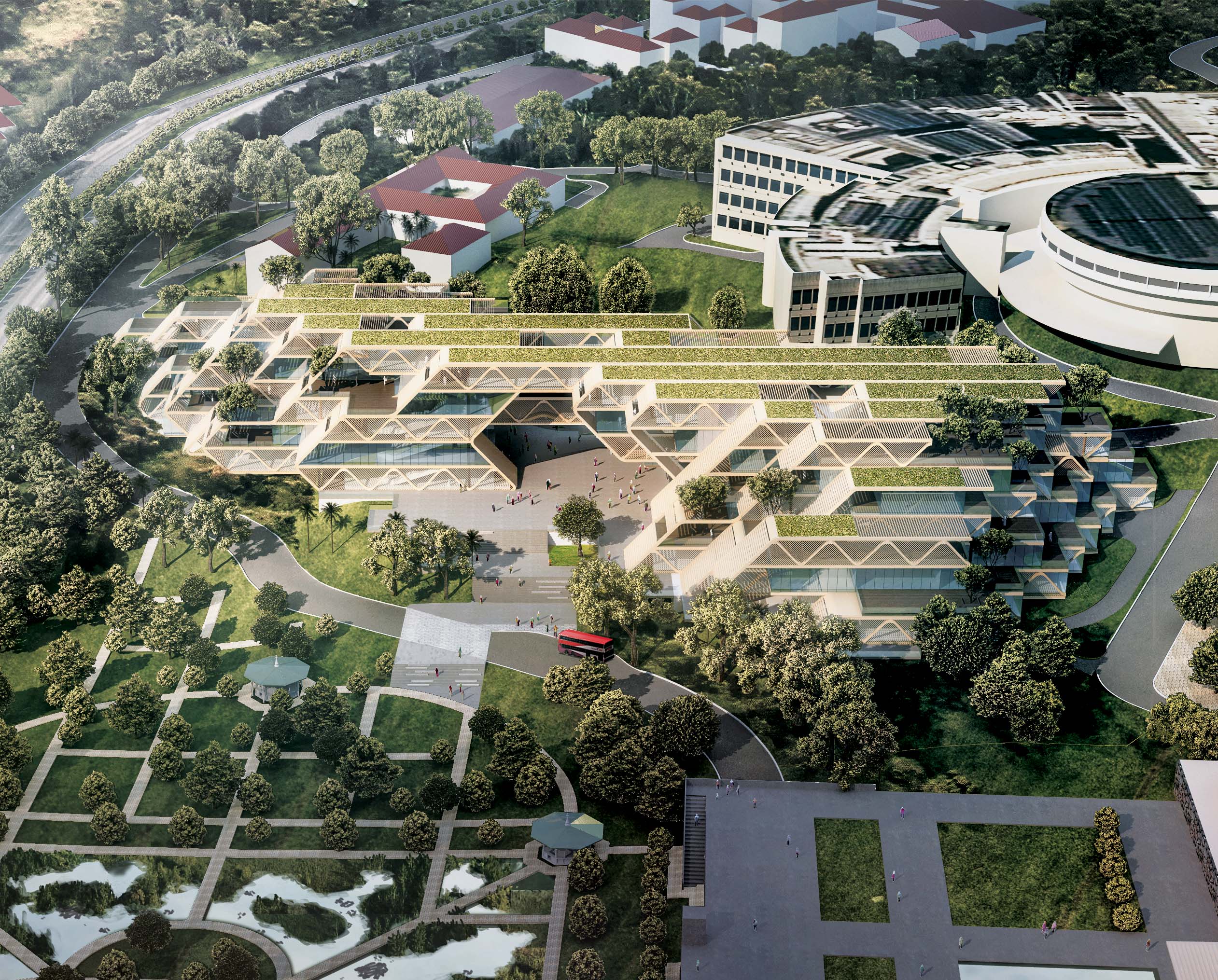 Aerial render of the Nanyang Technological University South Building by Revery Architecture