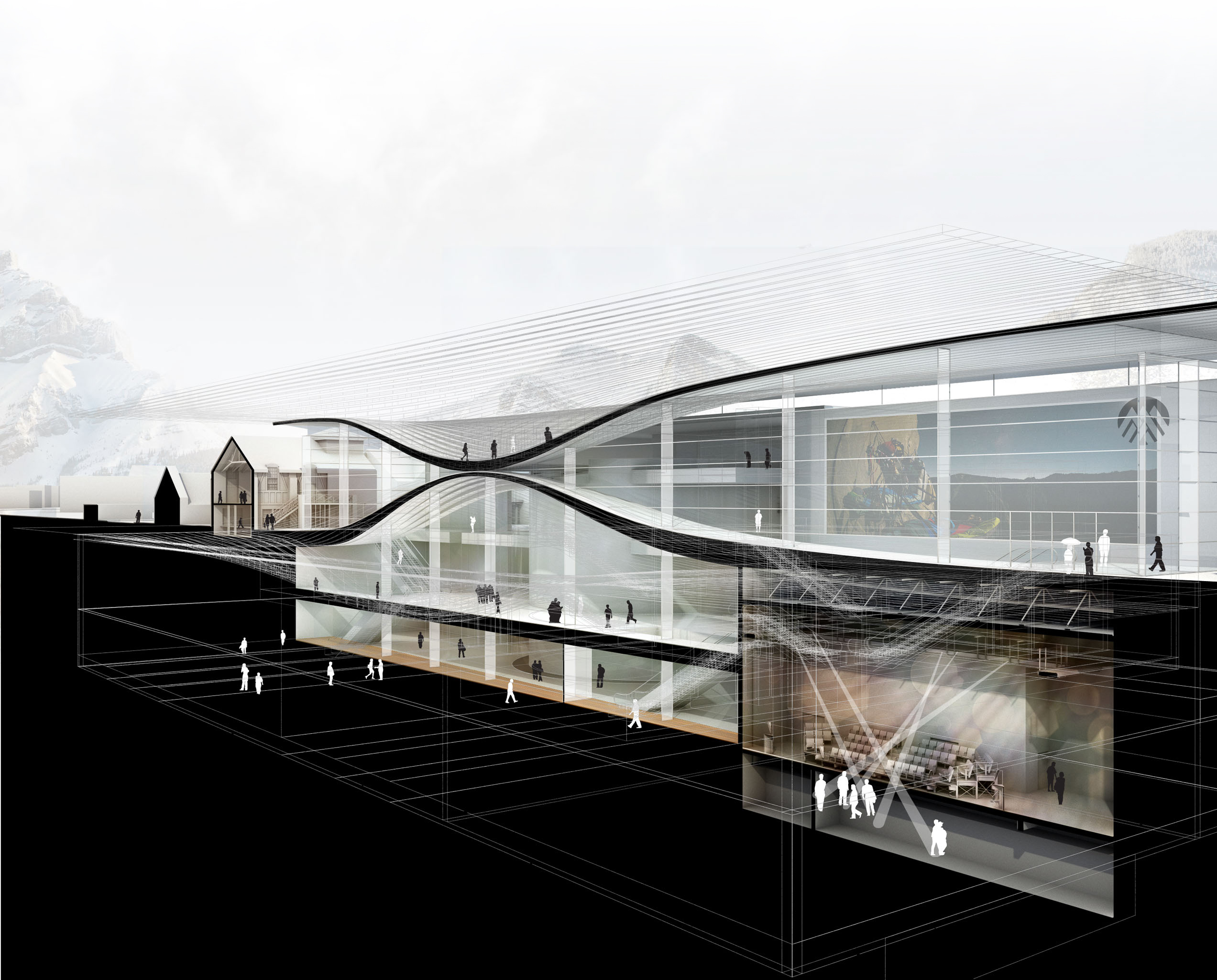 Perspective section drawing of building