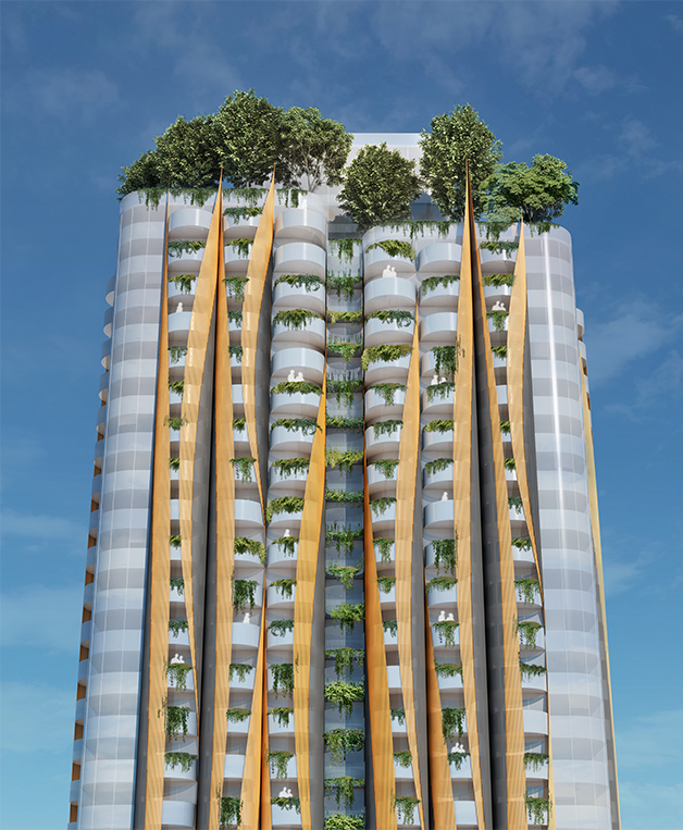 Facade zoom of residential tower in Sen̓áḵw mixed-use community development