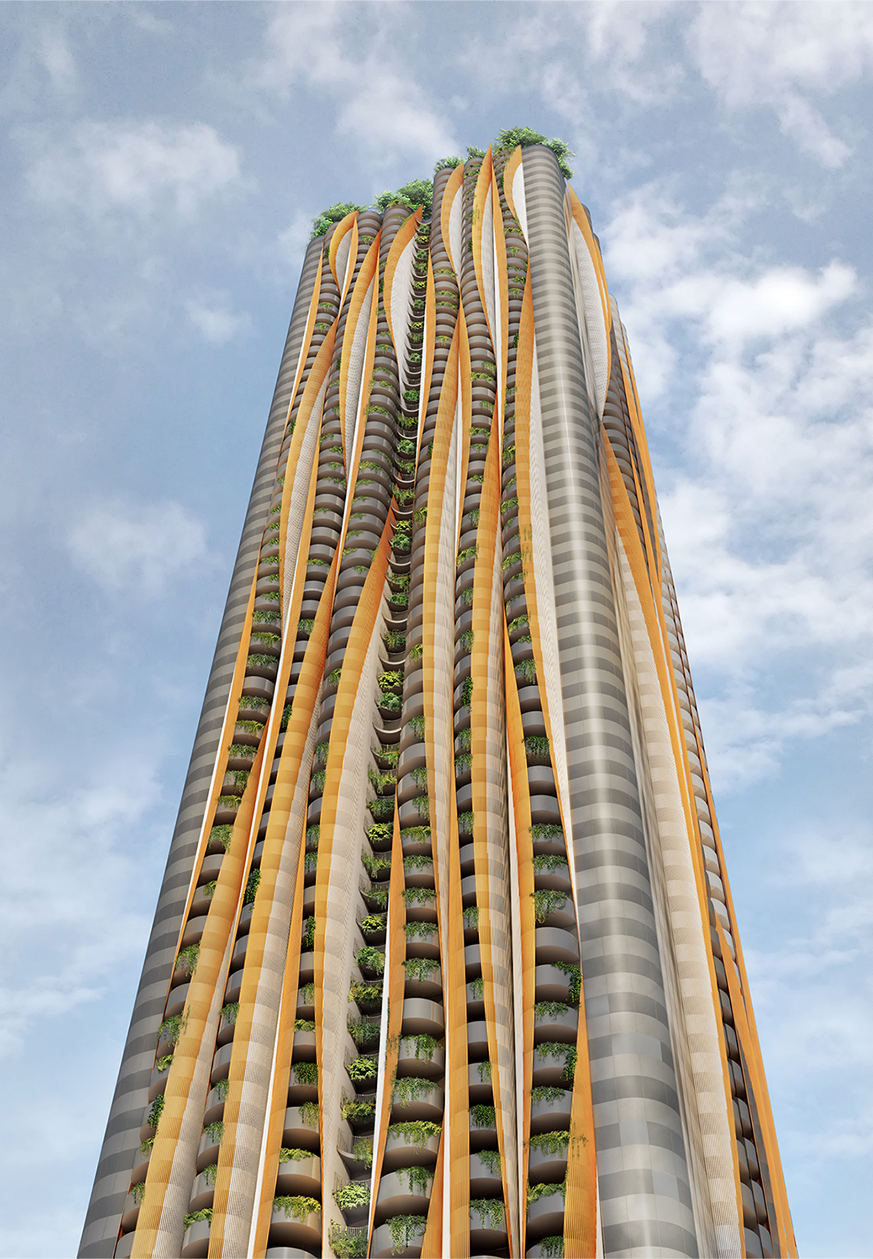View from below of a residential tower in Sen̓áḵw mixed-use community development