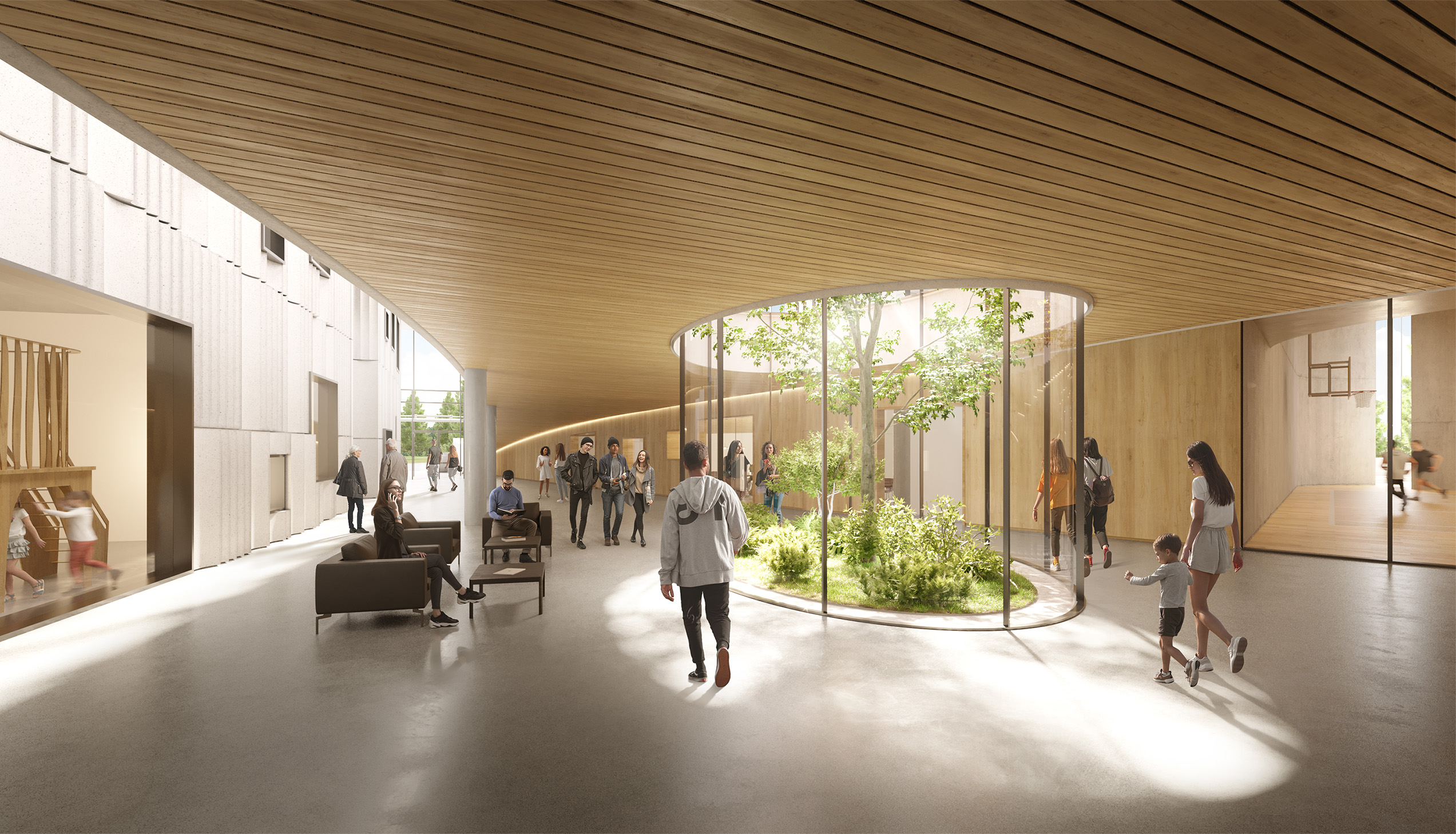 Confederation Park Community Centre by Revery Architecture - interior lobby, Burnaby, BC