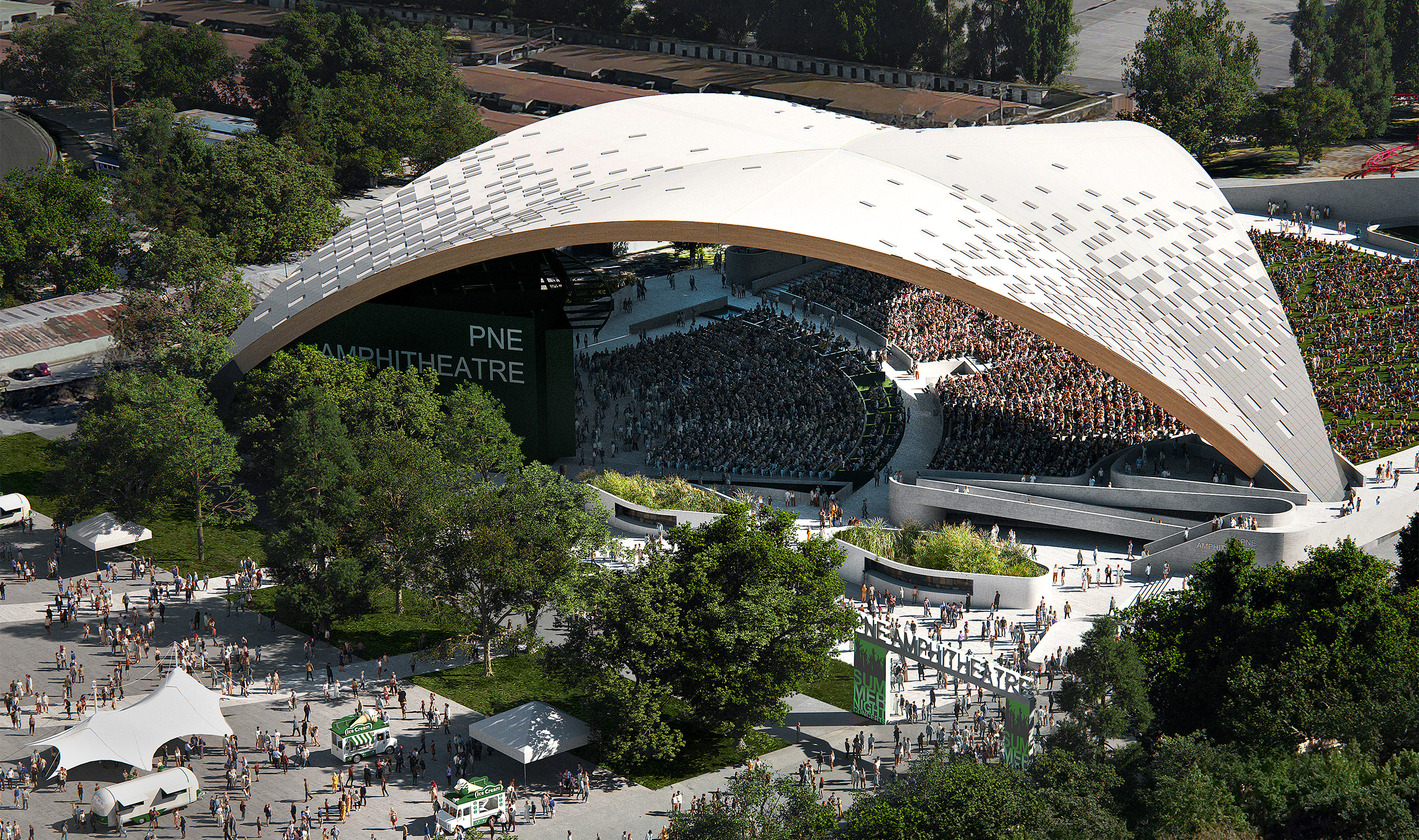 PNE Amphitheatre by Revery Architecture, Vancouver, BC - aerial view of long-span mass timber roof