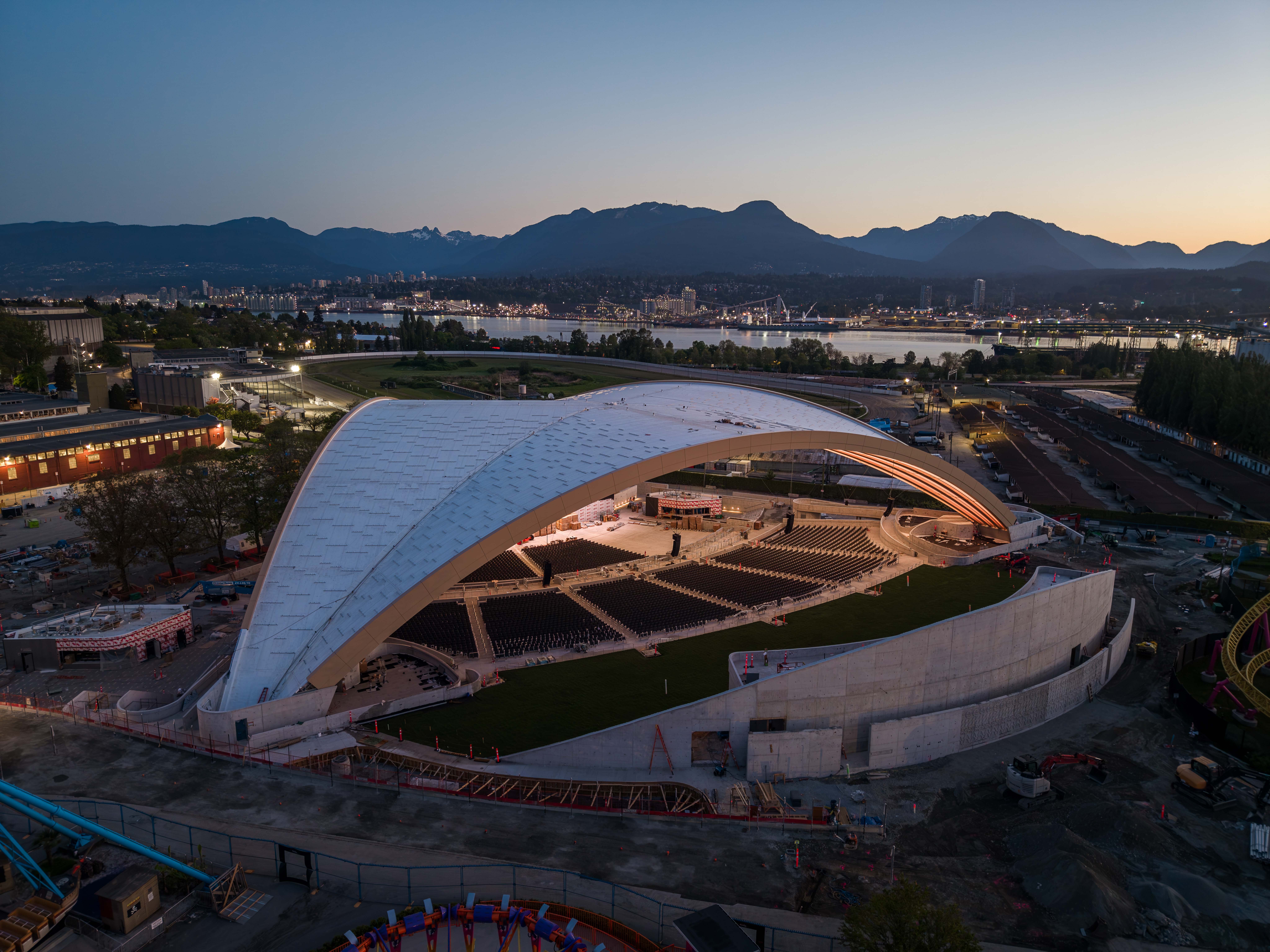 PNE Amphitheatre by Revery Architecture, Vancouver, BC - aerial view of long-span mass timber roof